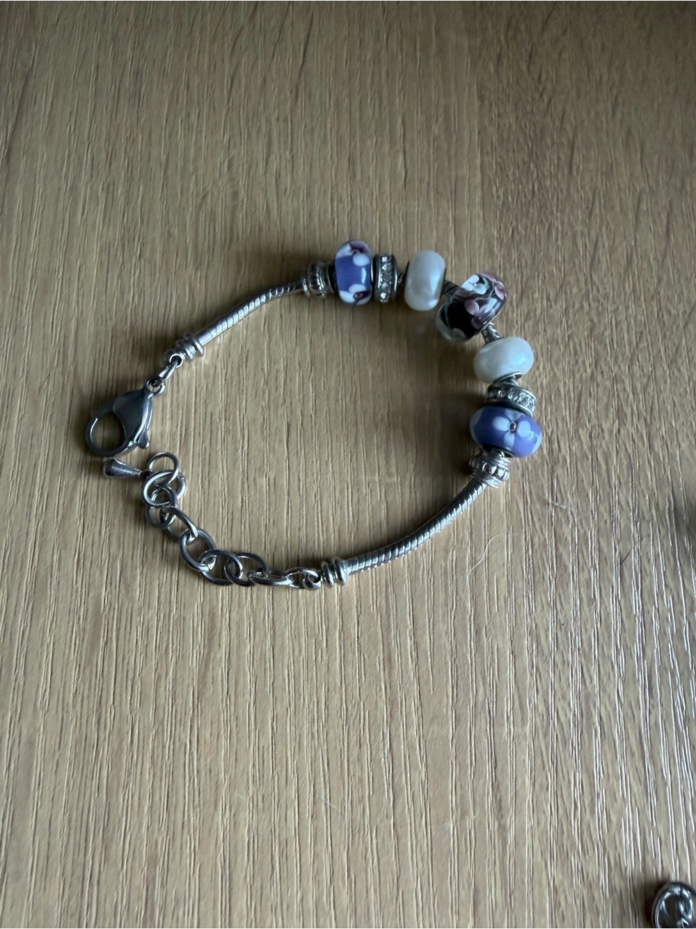 Silver Bead Bracelet with Lavender Floral Glass Beads